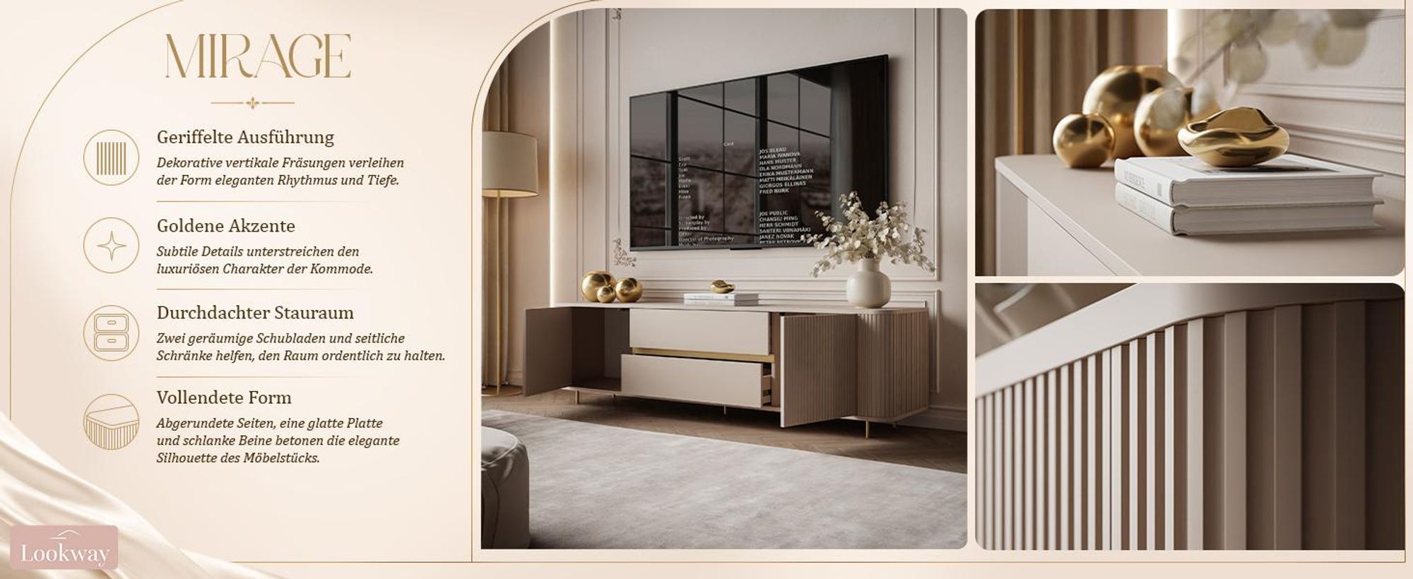 TV-Schrank MIRAGE GOLD 180 cm, mit Rillenfräsungen