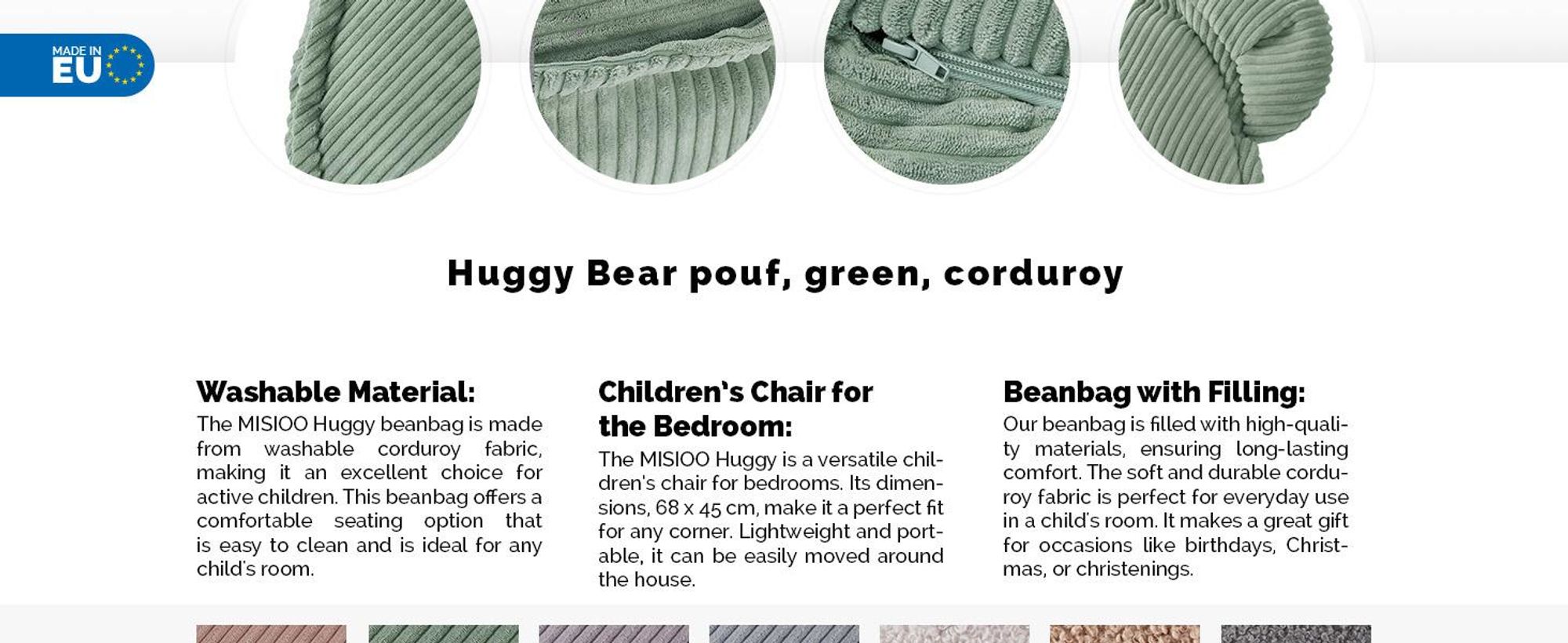 MISIOO Beanbag Kids - Umývateľný - Prémiová kvalita - Pevná a mäkká konštrukcia - Materiál zo šnúry - 68x45 cm - Ideálny do detskej izby - Olivová farba
