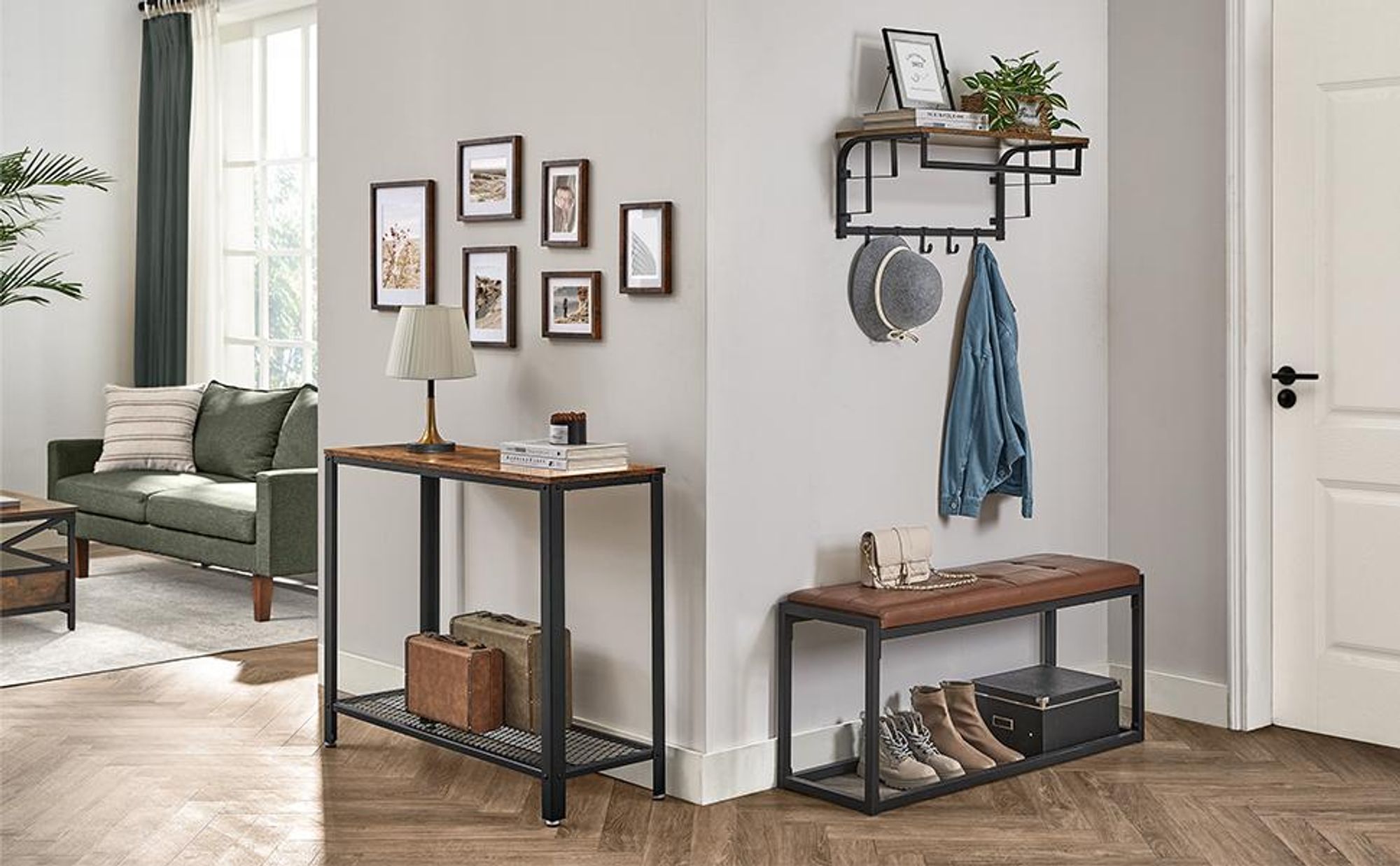 VASAGLE Wandgarderobe Wandregal mit 5 abnehmbaren Haken, Hängeregal mit Hängestange