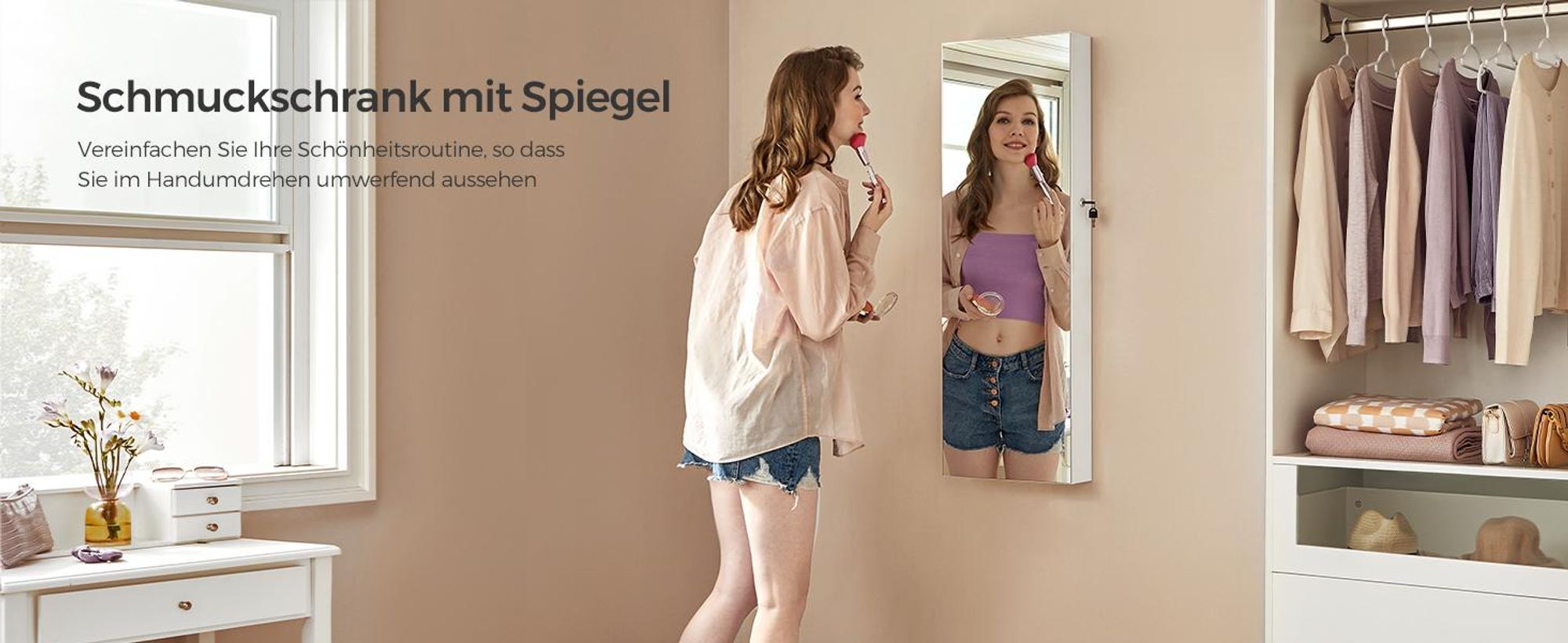 SONGMICS Schmuckschrank Spiegelschrank mit LED und Ganzkörperspiegel, weiß