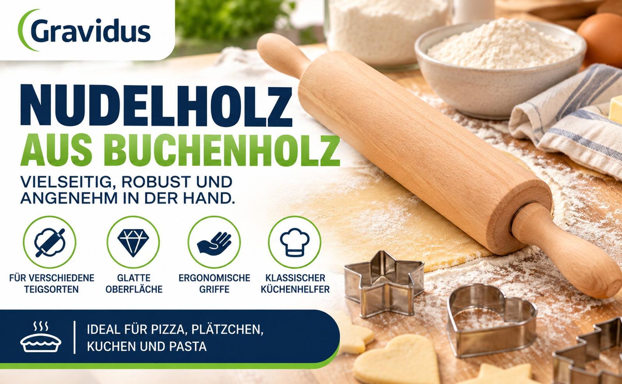 Nudelholz aus Buchenholz 40 cm Teigrolle mit Griffen Backrolle