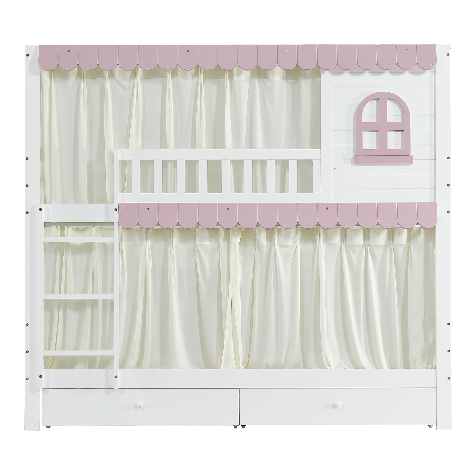 Flieks Etagenbett 90x200cm mit 2 Schubladen & Bettvorhang, Kinderbett Hausbett mit Regal, Hochbett mit Lattenrost und Leiter, Stockbett Holzbett, Weiß