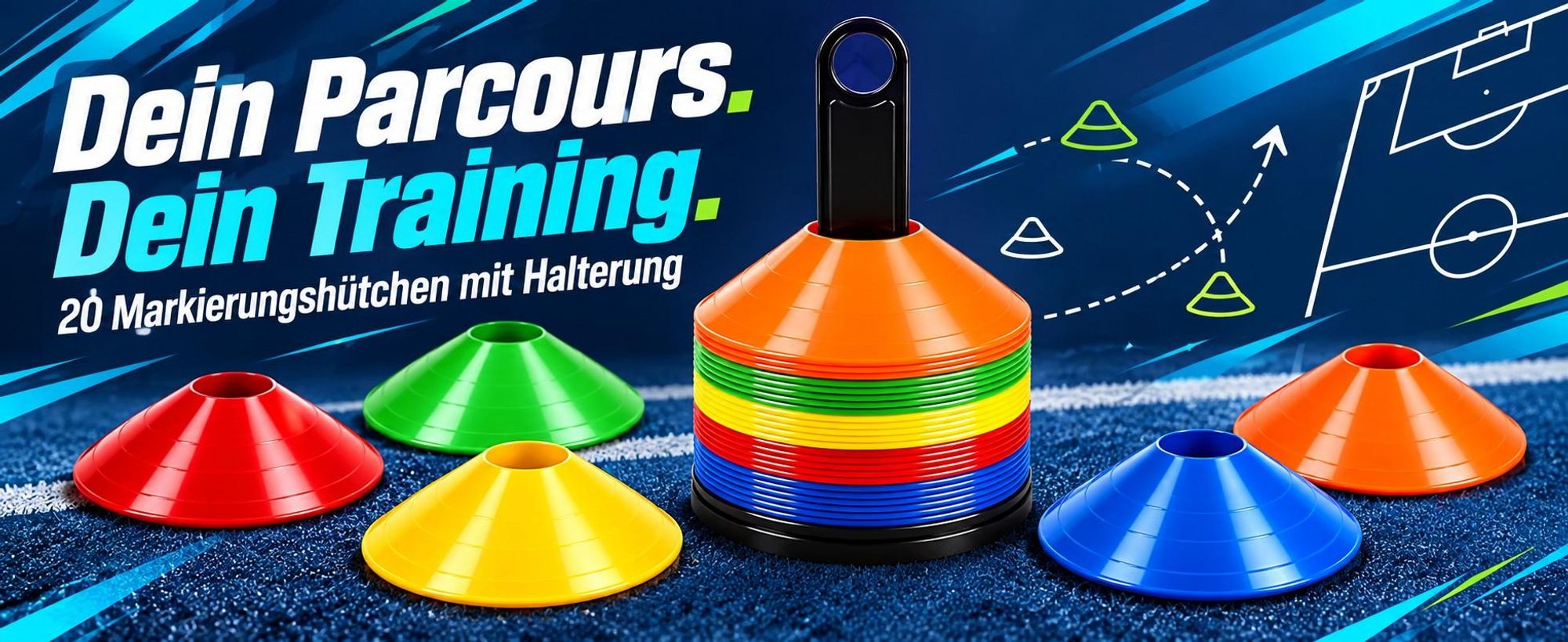 20 bunte Markierungshütchen mit schwarzer Halterung