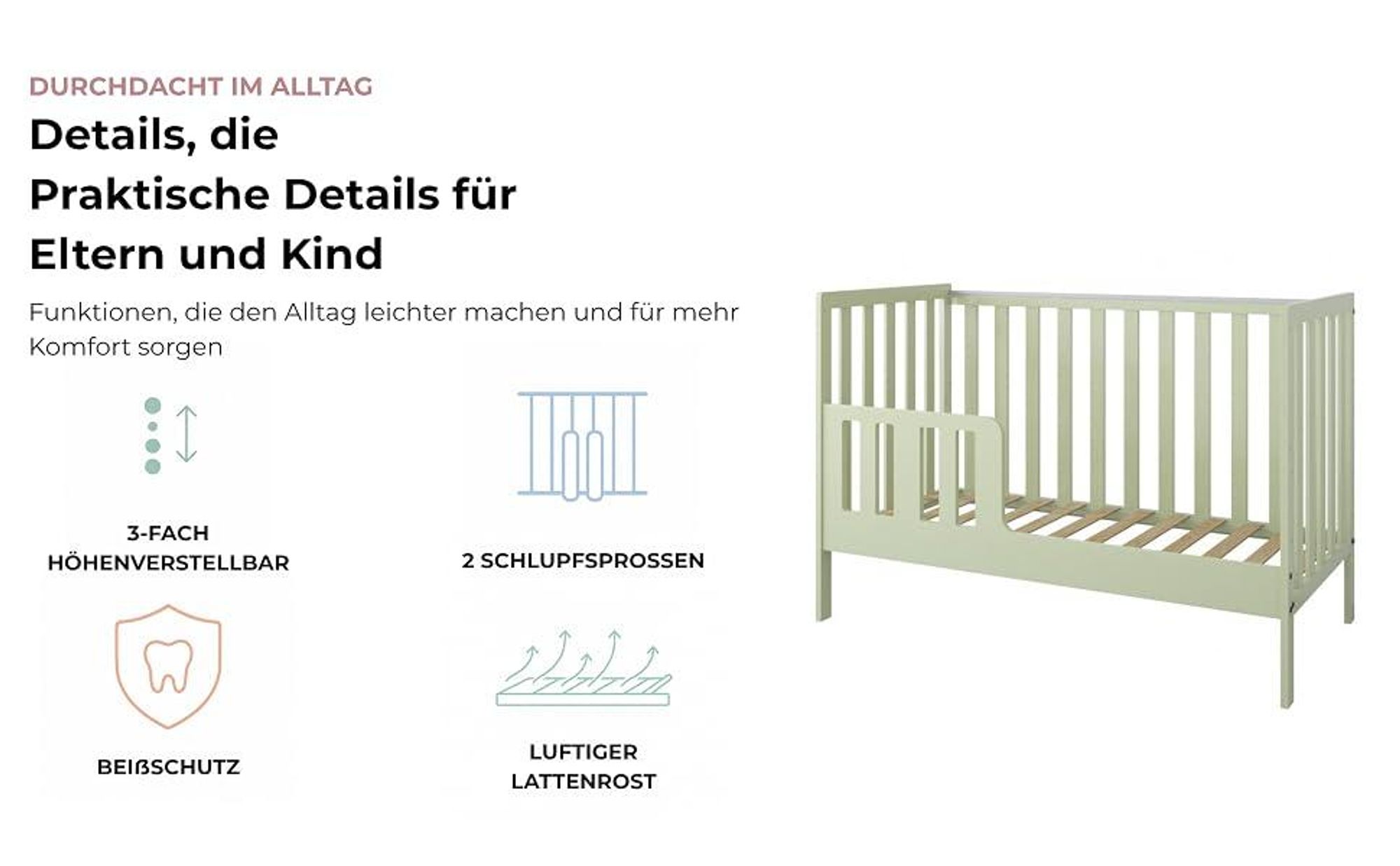 ZEE BAMBI Mint Babybett Set 120x60 cm mit Barriere + Wickelkommode LOFT mit Wickeltisch Höhenverstellbar Kinderbett mit Beißschutz