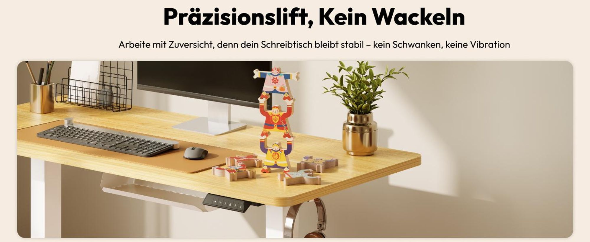 SANODESK QS1 Höhenverstellbarer Schreibtisch, EINTEILIGE TISCHPLATTE, 4 Memory-Funktion, 70 kg Tragkraft, Haken, Kabelmanagement, 110x54cm (Ahorn)