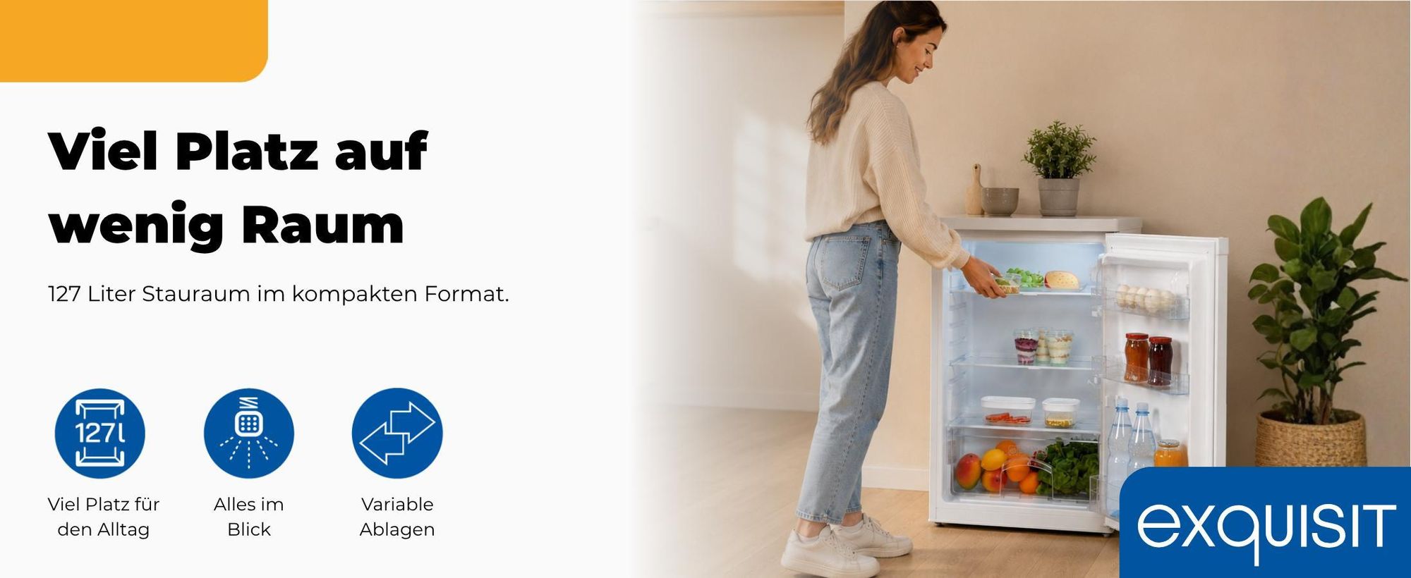 Exquisit Vollraumkühlschrank KS516-V-040E weiss | 127 l Nutzinhalt | LED-Licht | Temperaturregelung | mit Gemüsefach | mit Türablage