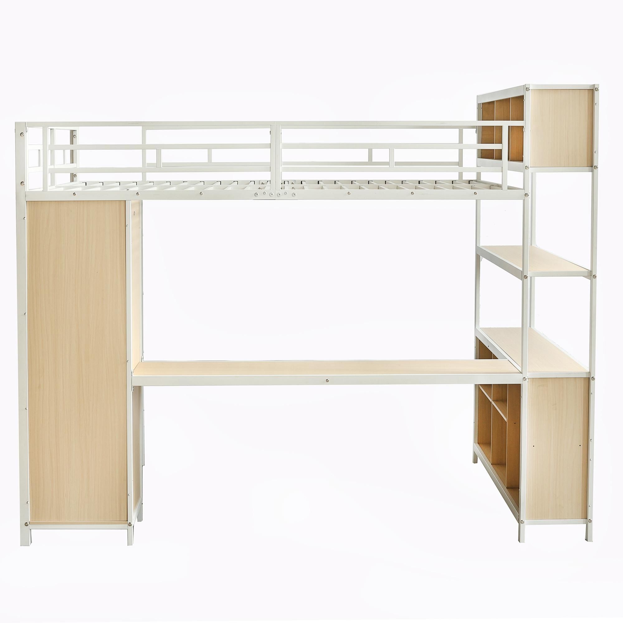 Flieks Etagenbett 140x200cm mit Schreibtisch und Regal, Hochbett mit Kleiderschrank, Kinderbett Jugendbett Metallbett mit Lattenrost, Weiß