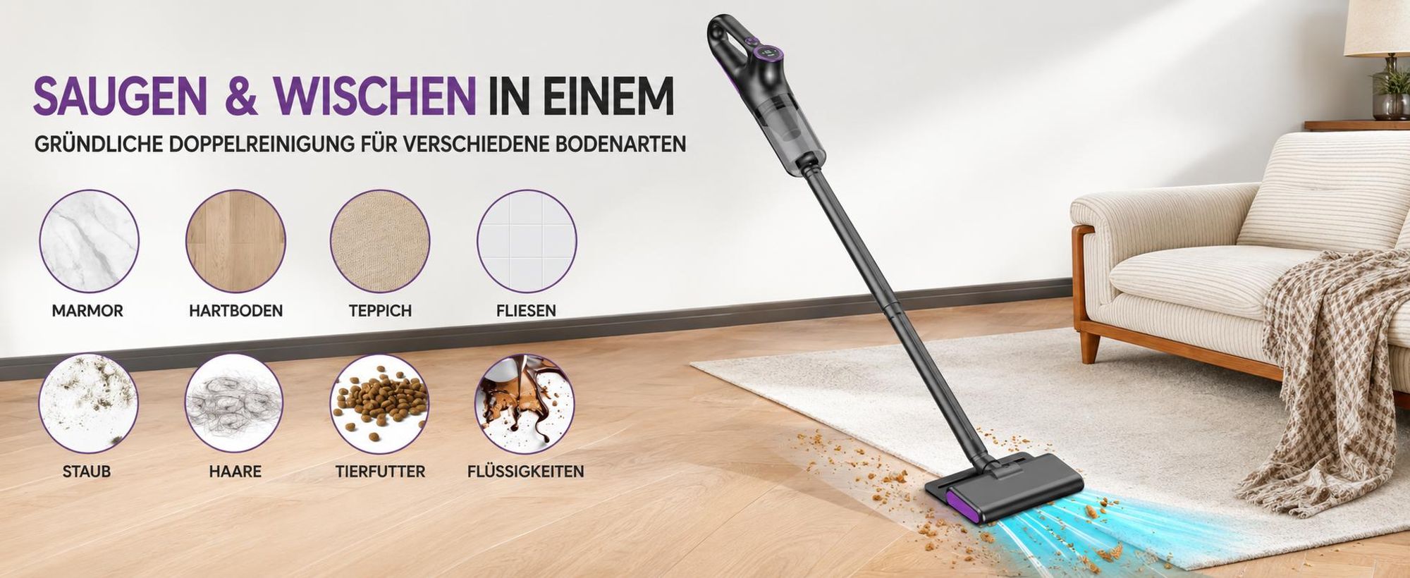 4-in-1 Akku-Staubsauger, 15.000 Pa, kabelloser Hand- und Stielstaubsauger mit LED-Anzeige & HEPA-Filter, für Hartboden, Teppich und Tierhaare, Lila