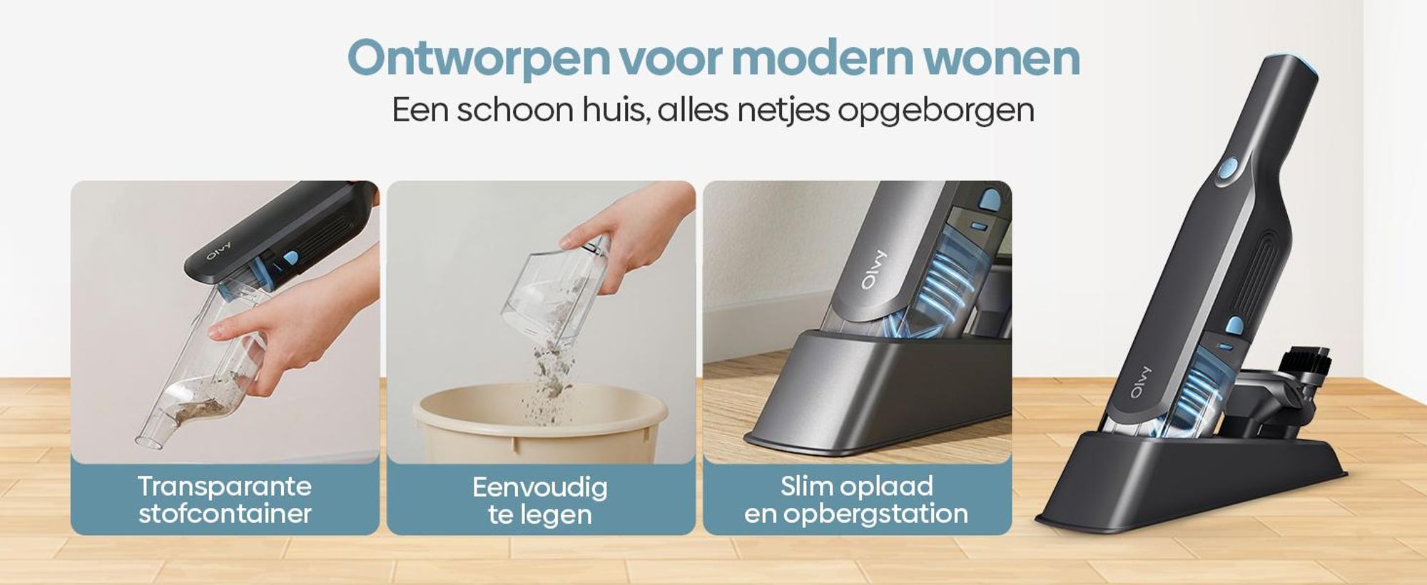 Olvy handstofzuiger, accuvoeding, zonder zak, mini stofzuiger met borstelloze motor, inclusief opzetstukken, ideaal voor auto, bank, meubels en dierenharen