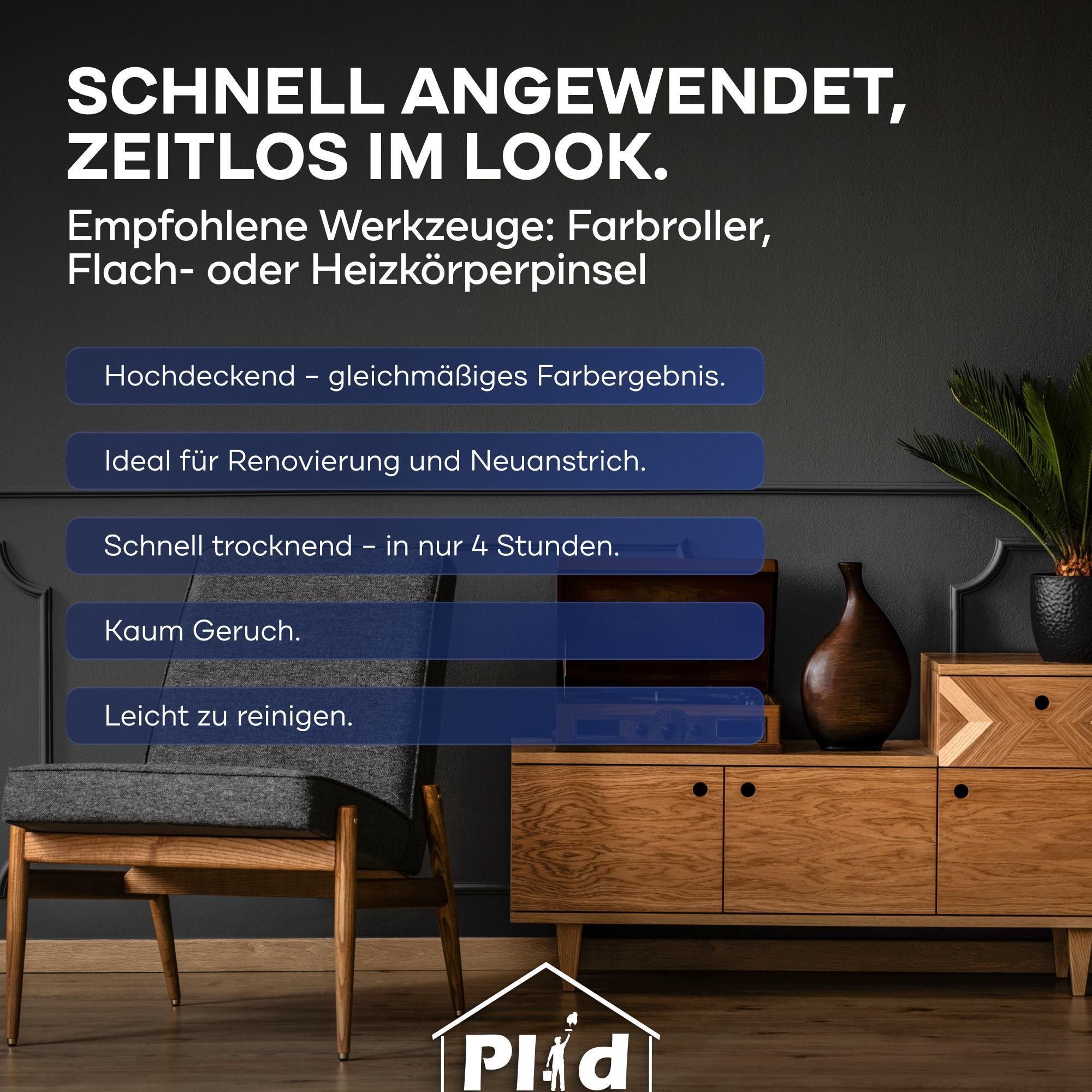 Plid Design Innenfarbe Matt Schwarzgrau 2.5L für ca. 18 m² [HOHE DECKKRAFT] Designcolor Wandfarbe, Innenfarbe "Dunkle Eleganz" in Profi Qualität