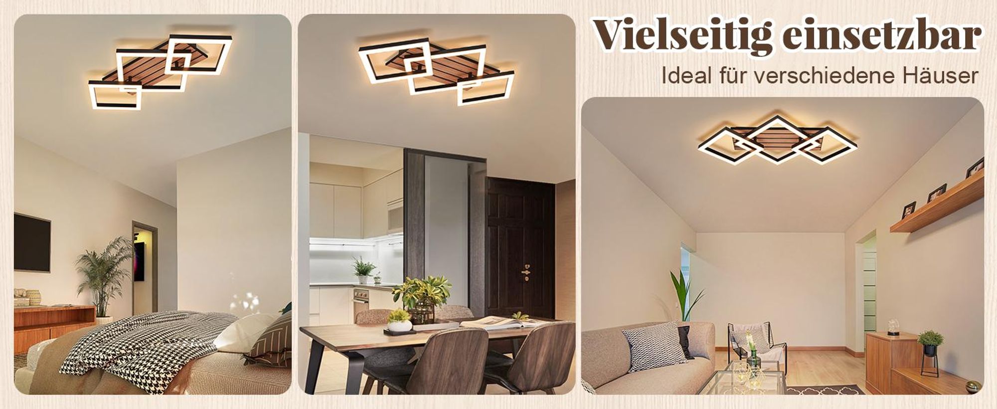 ZMH LED Deckenleuchte 58CM Schlafzimmer Deckenlampe Wohnzimmerlampe 3000K Eckig Wohnzimmer Holzoptik Küchenlampe für Esszimmer Arbeitszimmer Schwarz