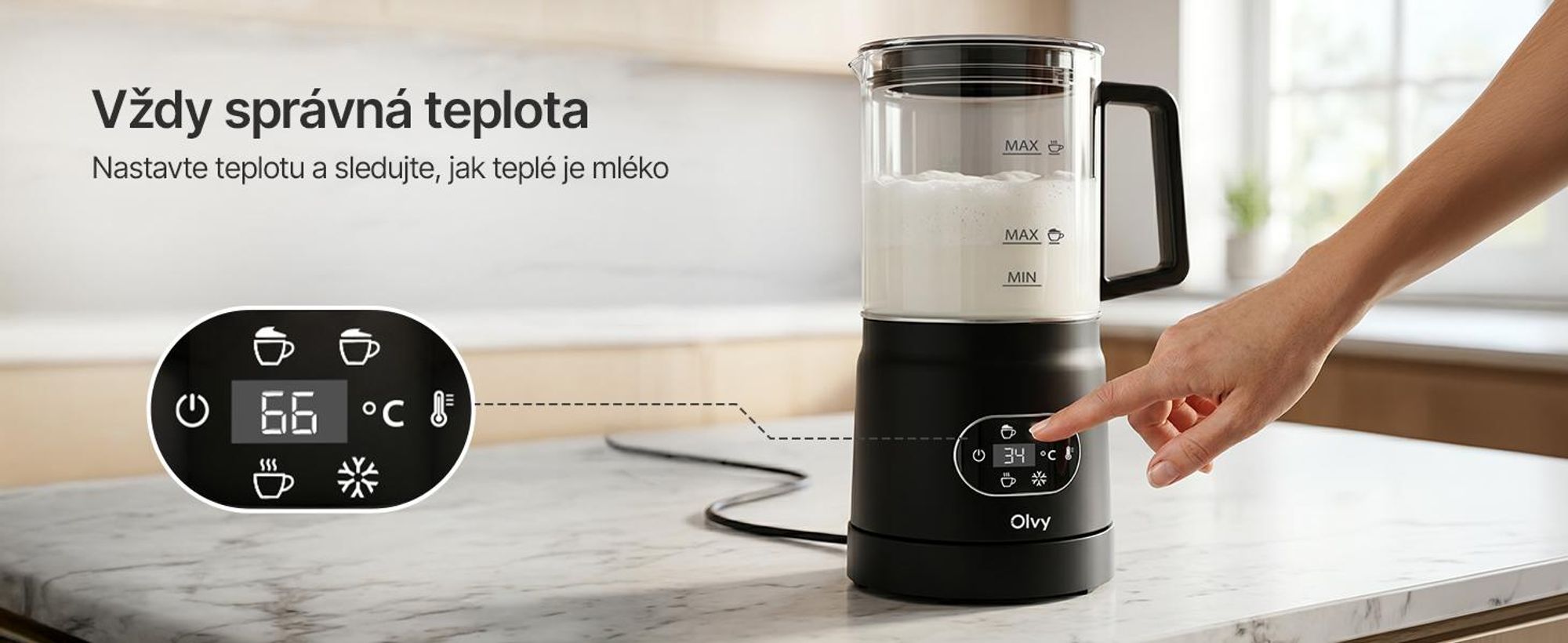Elektrický pěnový mlékař Olvy ze skla, 4 v 1, 500 W, s ukazatelem teploty, kapacita 160 ml pěny z mléka, 400 ml ohřevu mléka, možnost přípravy teplé i studené pěny, černá barva