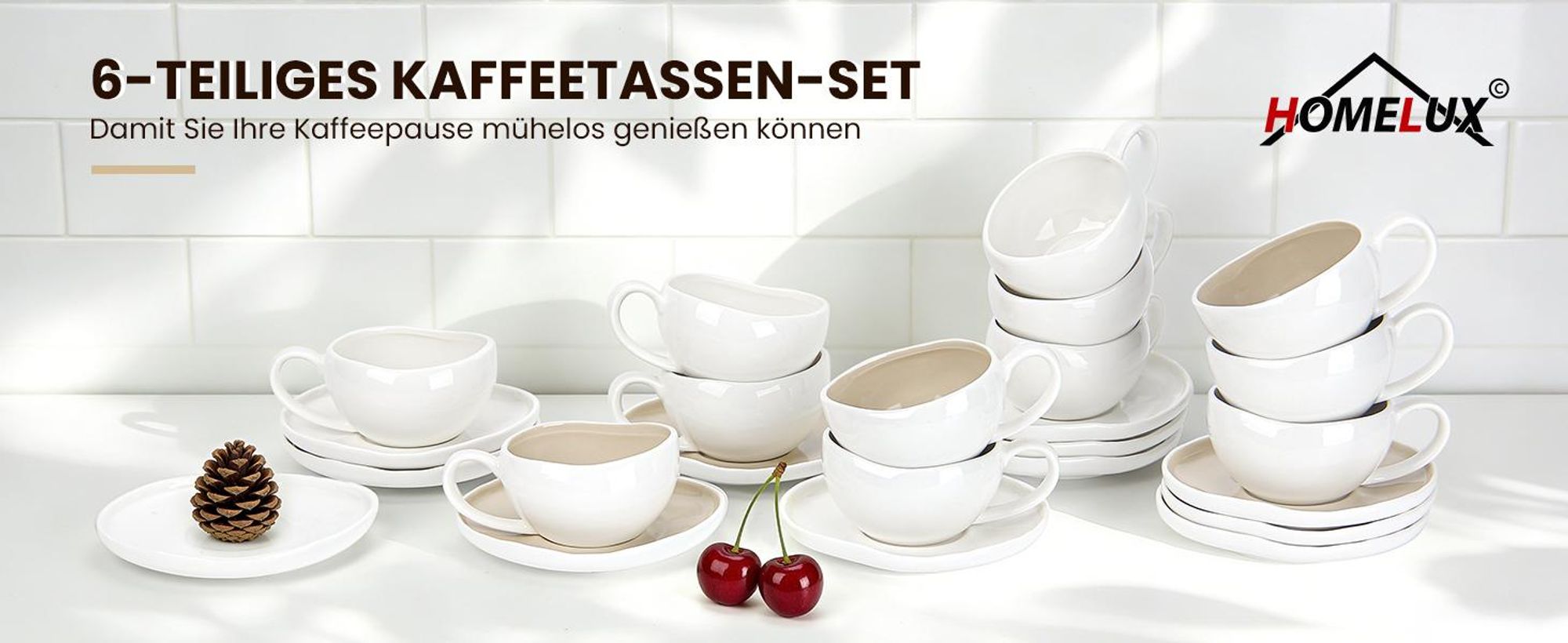 HOMELUX Tassen Set 6er mit Untertassen 120 ml Kaffeetassen Set Espressotassen Set 6 Personen, Hält Lange Warm Spülmaschinenfest Kaffee Tassen Sets