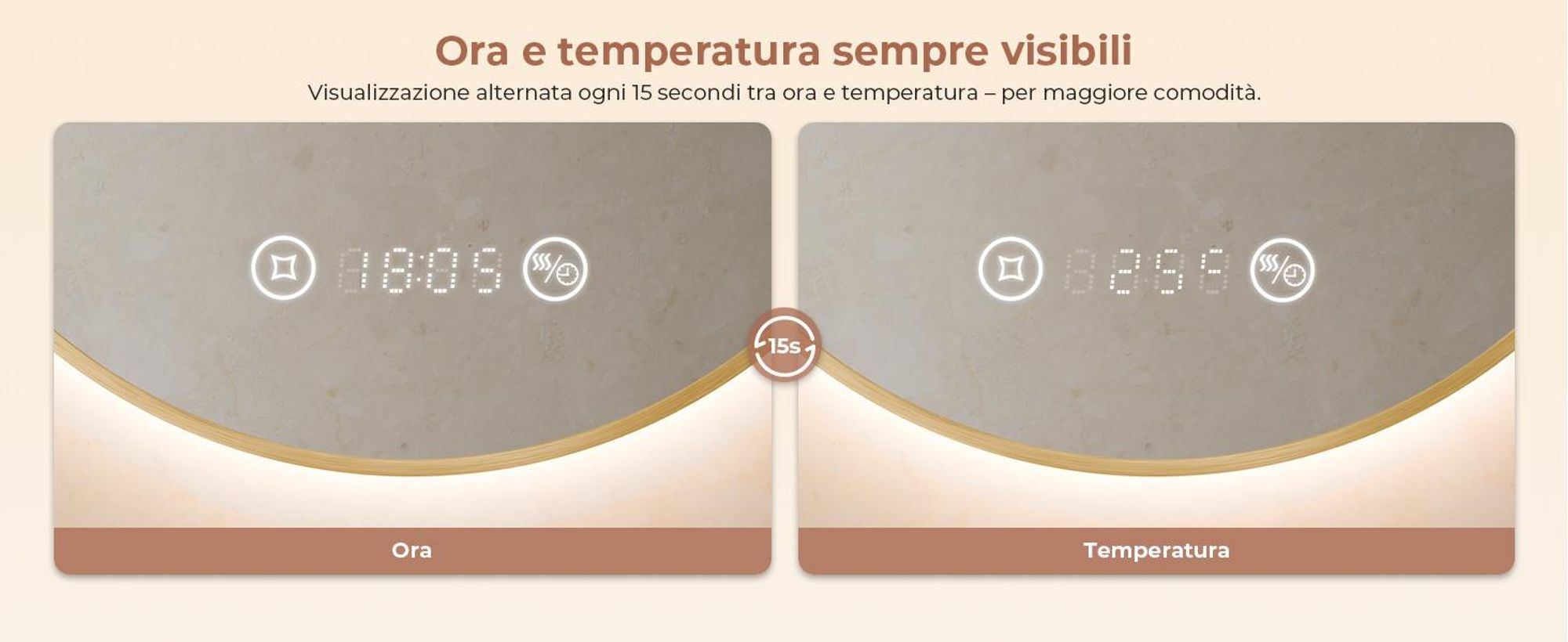 S'AFIELINA Specchio da bagno LED Rotondo 60cm, touch, antiappannamento, dimmerabile, orologio, temperatura, memoria, oro