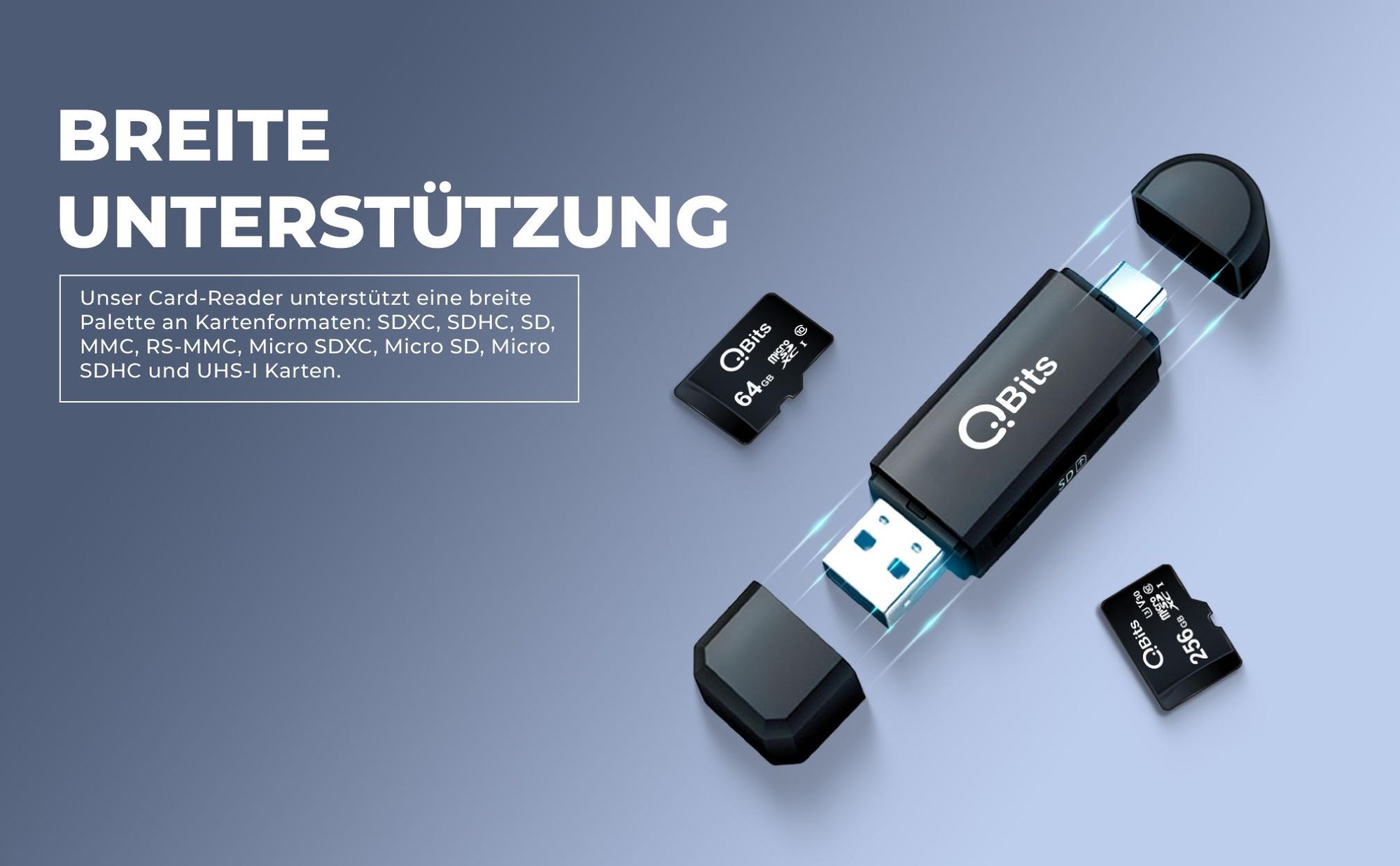 Qbits SD/Micro SD Kartenleser USB-C OTG Adapter und USB 2.0 Kartenlesegerät für Speicherkarten SDXC, SDHC, SD, MMC, RS-MMC, Micro SDXC, Micro SD, Micro SDHC Karte und UHS-I Karten