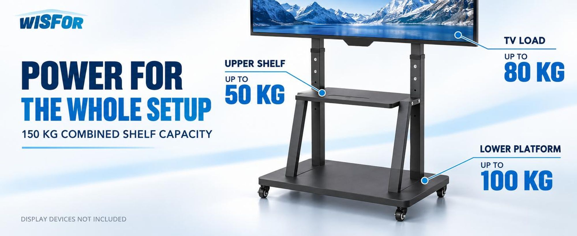 WISFOR EXTRA STABIL TV Ständer mit Rollen, 100" TV Standfuss Mobil Wagen, Höhenverstellbar Fernsehständer mit AV-Ablagen für 32"–100"