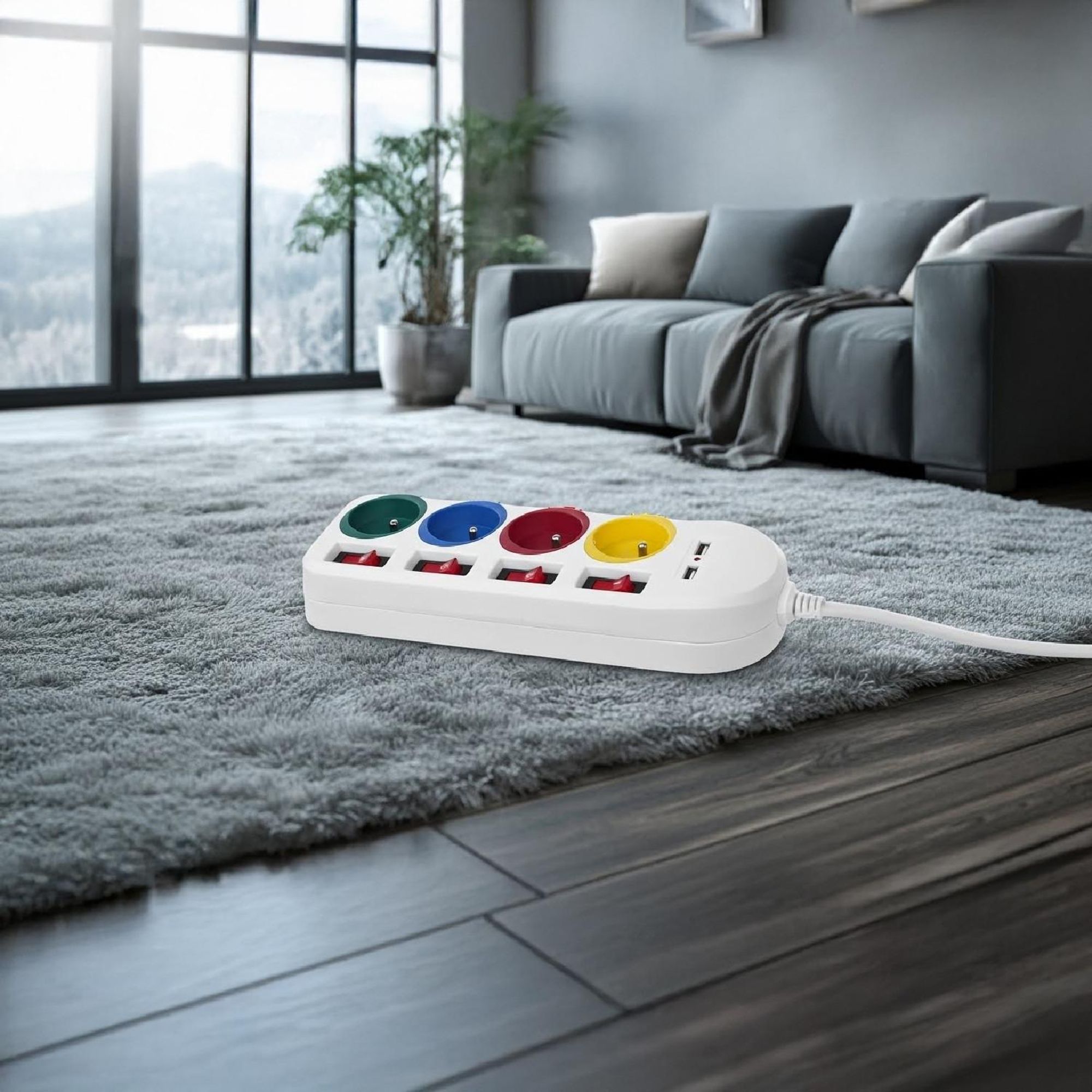 Maclean Steckdosenleiste  4-Steckdosen-Verlängerungskabel + 2xUSB  mit Schalter  250VAC/10A  2 1A 5V  1 5m  weiß  MCE229 W
