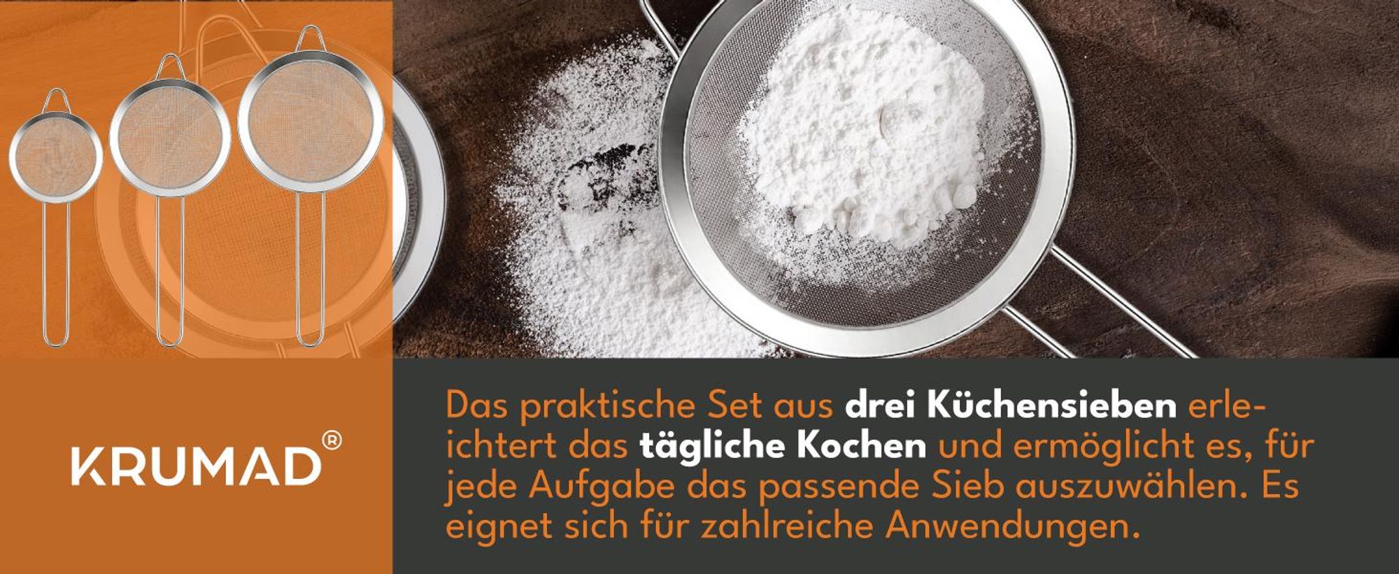 KRUMAD Küchensieb Set 3-teilig, Edelstahl Sieb feinmaschig, Mehlsieb, Passiersieb mit Griff, Abtropfsieb für Küche, Backen und Kochen