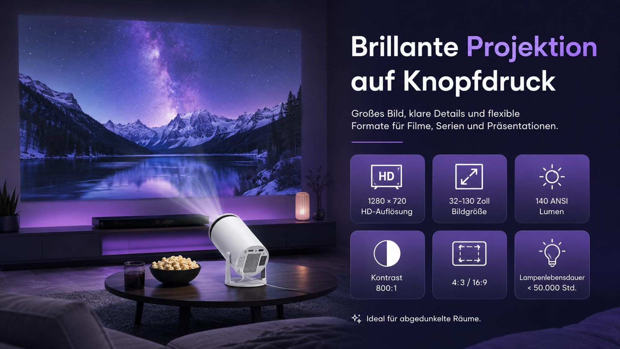 Kiano Relax Projektor Mini Tragbarer Beamer Smart TV, Trapezkorrektur, 1280x720, Android/iOS, 140 ANSI, Android, DLNA, Wi-Fi