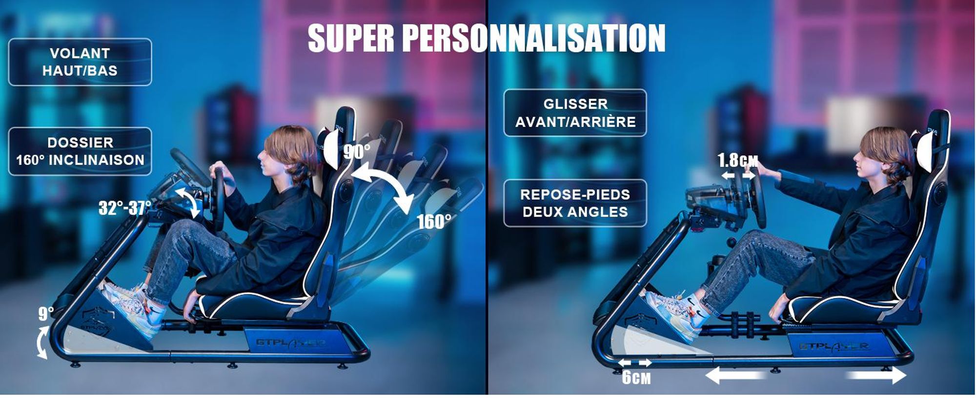 GTPLAYER simulateur de cockpit, SIM racing cockpit, simulateur de course support de volant fauteuil gaming racing wheel stand avec haut-parleur bluetooth et repose pédale