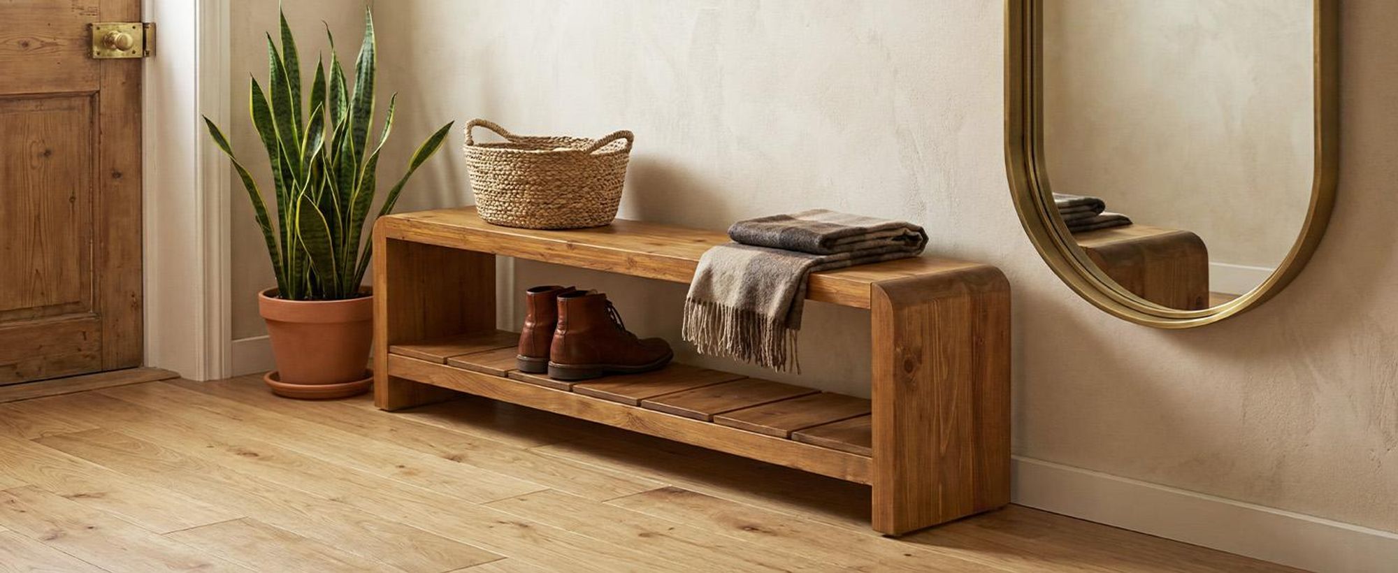 Tribesigns Massivholz Flurbank, 150 cm Lange Schuhbank mit offenem Ablagefach, Landhaus Sitzbank für Flur, Diele, Schlafzimmer, Walnuss Braun