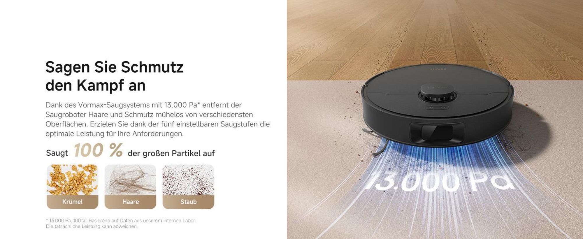 Dreame D20 Roboter Staubsauger mit Wischfunktion,13KPa Saugleistung,LDS-Navigation,2in1,Hartböden&Teppiche,5200mAh,Tierhaare DuoRoller Bürste,Schwarz