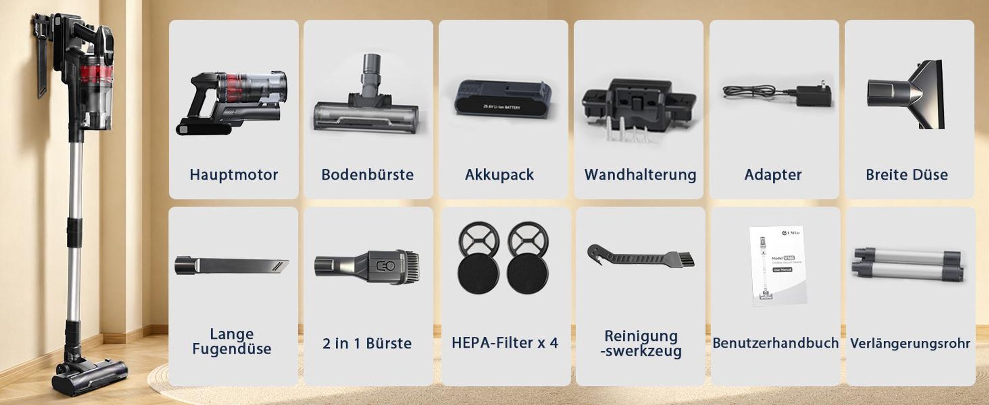 Akku Staubsauger Kabellos 85kPa/65Min, Akkustaubsauger beutellos mit AUTO-Modus, HEPA-Filter, LED-Bodenbürste für Tierhaare, Teppich & Hartboden