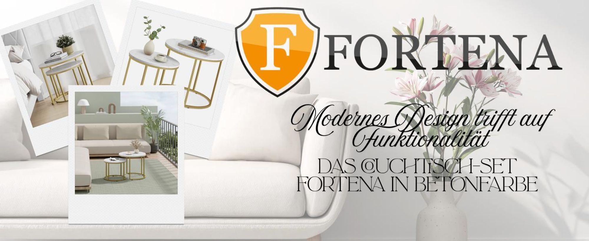 FORTENA Couchtisch Set 2tlg Rund, Marmor Look, mit goldenem Metallgestell