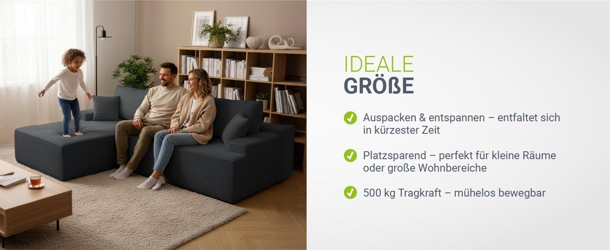 Juskys Sofa Coredo - Dunkelgrau, moderne Couch aus Cord mit Kissen, Ottomane links
