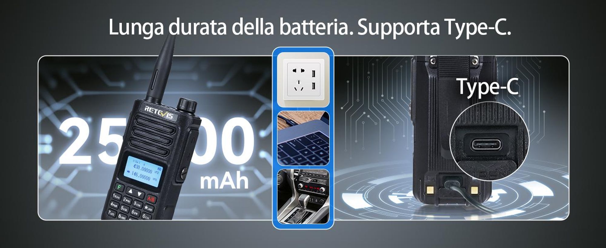 Radio amatoriale Retevis RA89, alta potenza, impermeabile IP68, doppia banda, VFO, batteria da 2500 mAh, Walkie-Talkie ricaricabile di tipo C (2 pezzi, nero)