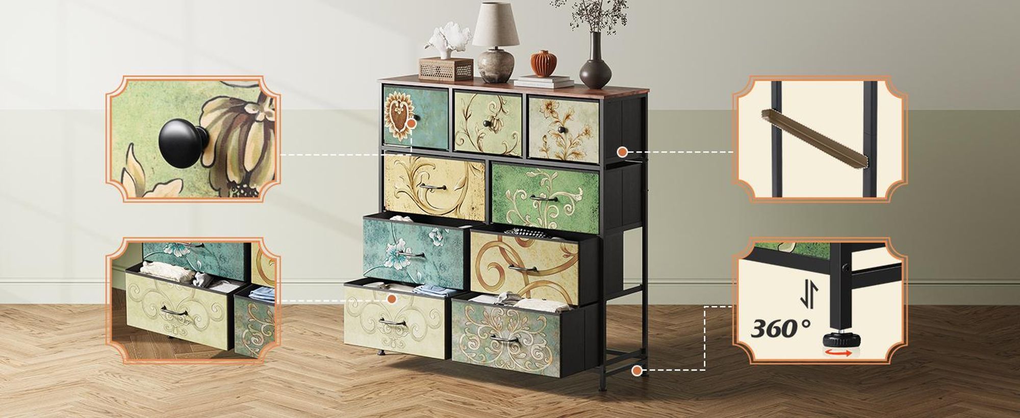 INONEFT Kommode mit 9 Schubladen aus Stoff, 100x30x100cm Kommodenschrank für Schlafzimmer, Sideboard, Metallrahmen Holzoberfläche,Vintage-Blumenmotiv