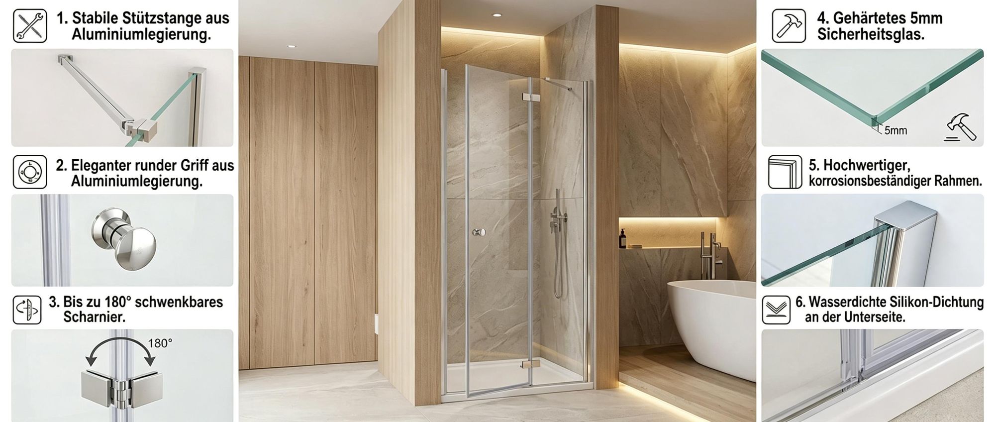 MIQU Duschabtrennung 100 x 195 cm Duschwand Scharniertür Dusche 5mm ESG Glas