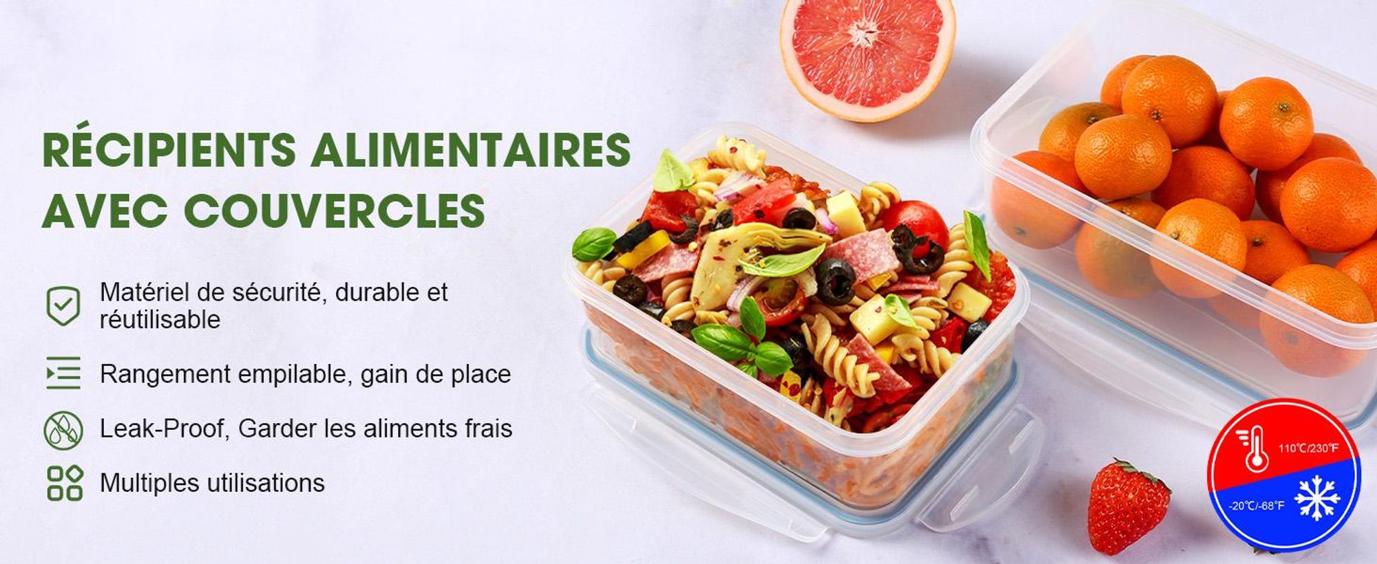Lot YASHE de 8 boîtes rectangulaires avec couvercles, 11 L