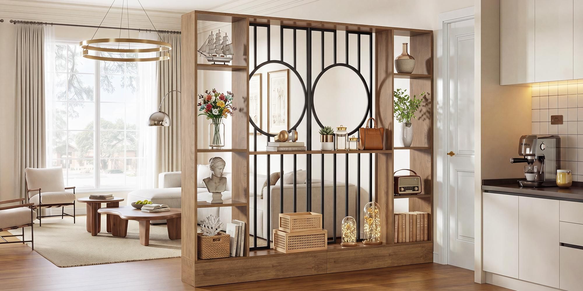 Wendbarer Raumteiler mit Ablage, 180 cm hoch Bücherregal, Standregal mit Ablagefläche, rundes Design, ideal für Wohnzimmer und Schlafzimmer
