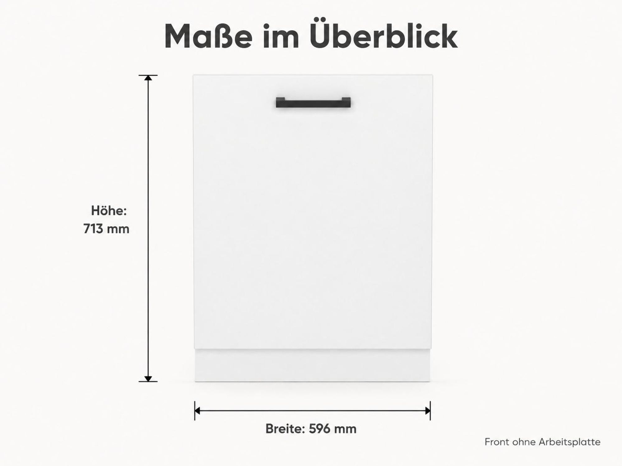 Maße der Geschirrspülerfront: 596 x 713 mm, ohne Arbeitsplatte.
