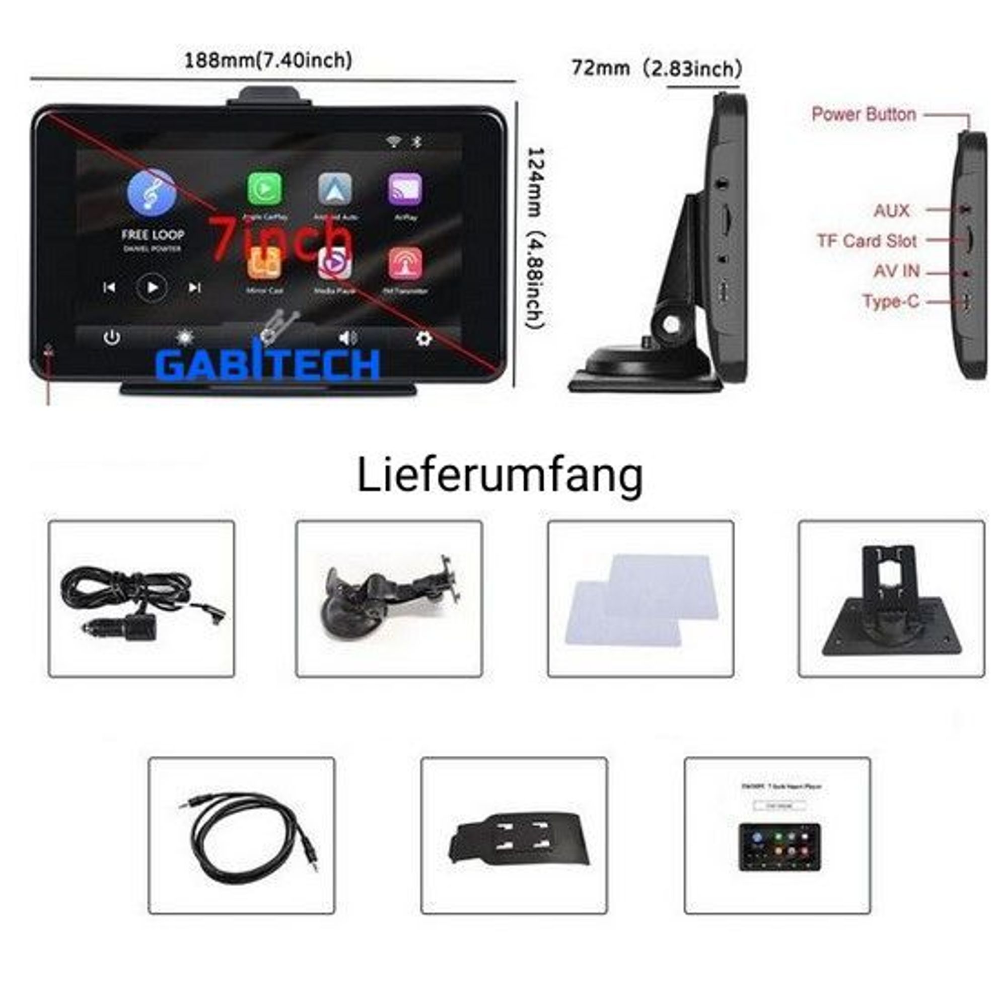 7 Zoll Carplay Monitor tragbares Autoradio Navi Apple Android Sprachsteuerung