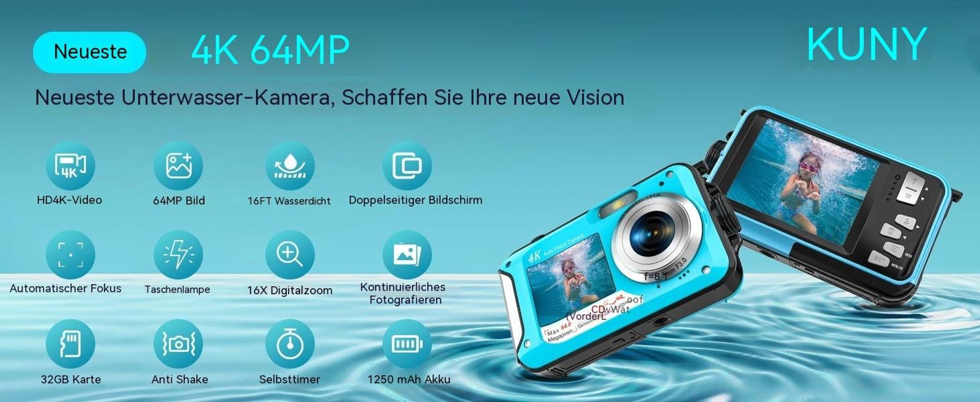 4K 64MP Unterwasserkamera, Wasserdichte Autofokus Digitalkamera (5m/16FT, Dual-Screen Selfie, 32GB Karte, 1250mAh Akku) für Schnorcheln Urlaub