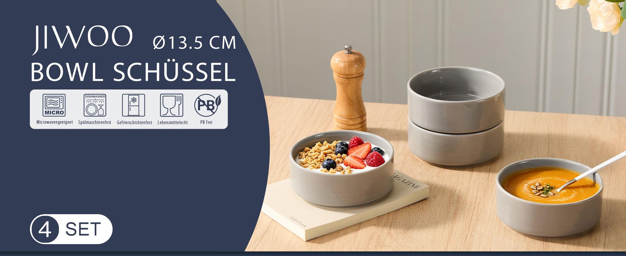 Schale set 4er Ø13,5cm Keramik Snackschalen Müslischale Suppenschale Schalen für 4 Personen Schüssel Mikrowellen- und Spülmaschinenfest