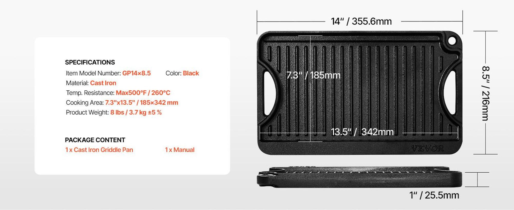 VEVOR Wender Grill/Griddle, 9,7"x16,7" Vorgewürzter Gusseisen-Griddle, Rechteckige Doppelbrenner-Griddle-Pfanne, Antihaft-Familienpfanne mit Griffen, Flache Platte für BBQ, Gasgrill, Schwarz, 185x342 mm
