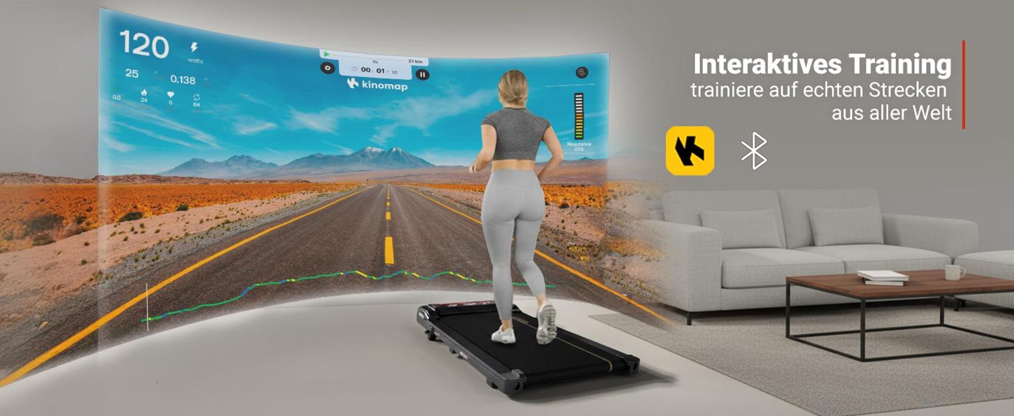 HOP SPORT® HS-650WP Elektrisches Laufband, Walking Pad für Zuhause und Büro, App, Bluetooth, Laufband Schreibtisch, Home-Office, 1-6km/h, LED-Display