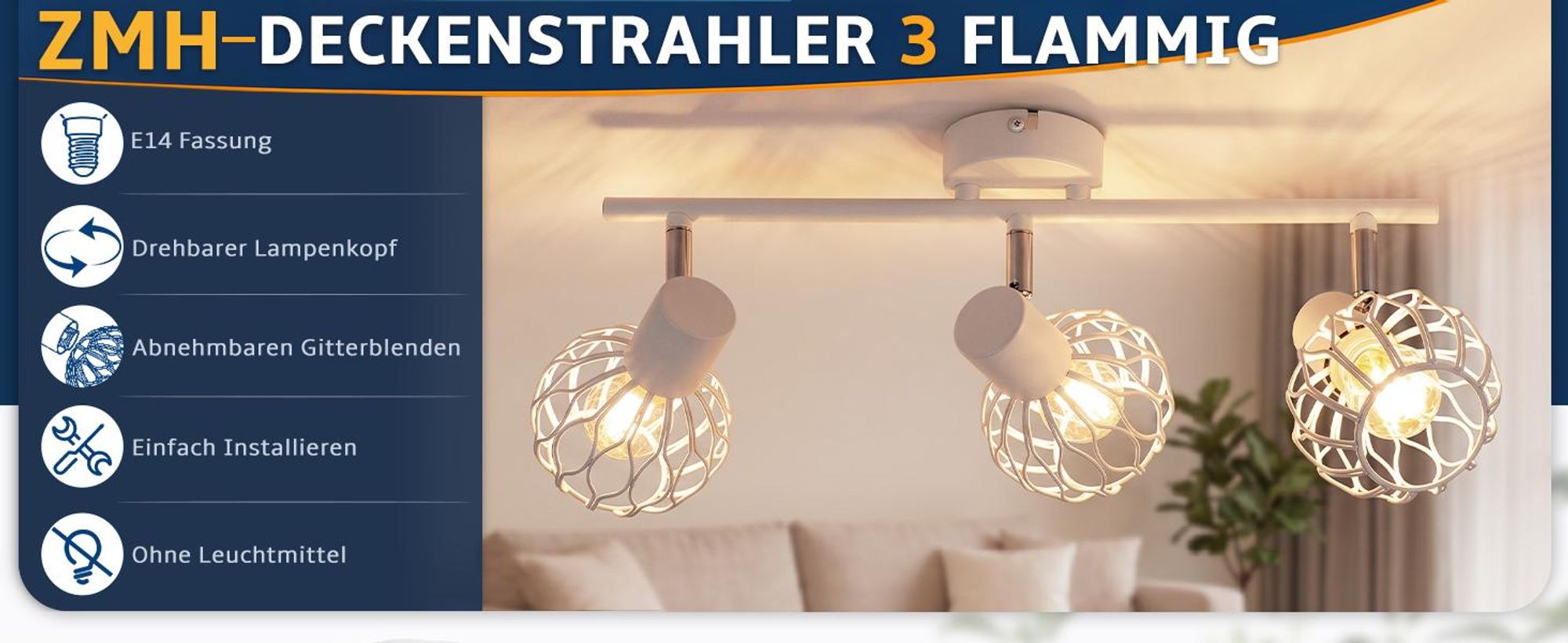 ZMH LED stropné svietidlo, 3 žiarovky, podhľavná lampa E14, kov, kuchynská lampa, otočná o 350°, lampa do obývačky, stropné bodové osvetlenie, vnútorné bodové svietidlá, chodba, kuchyňa, biela