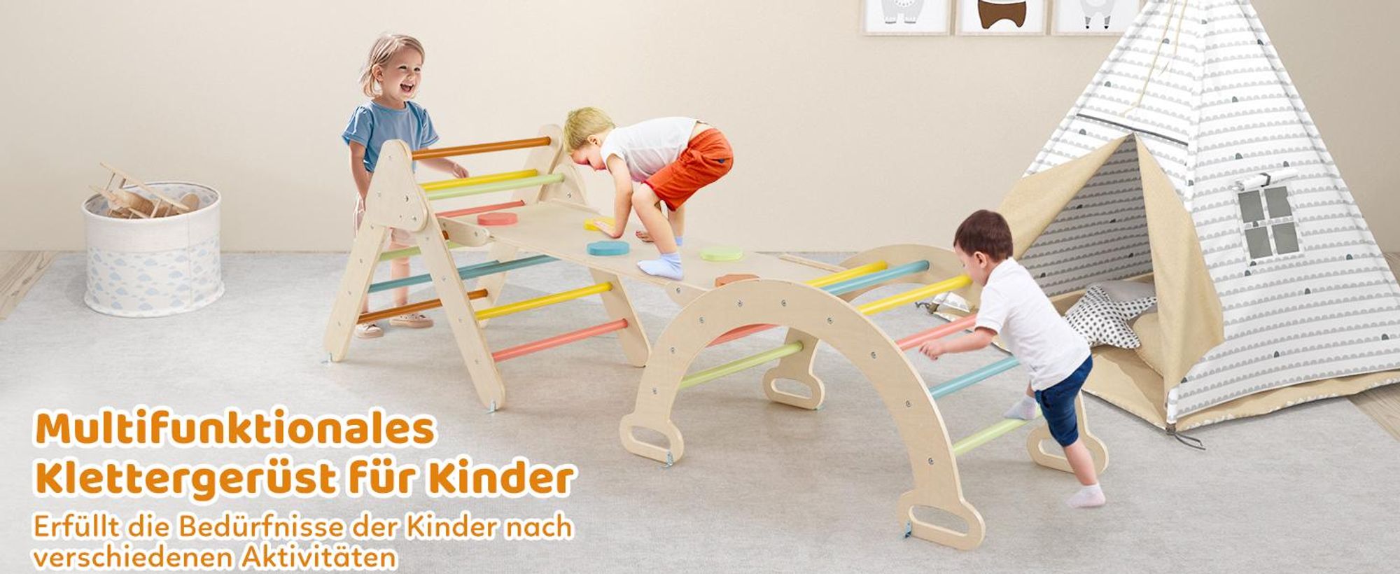 COSTWAY 4 in 1 Kletterdreieck & Kletterbogen & Leiter & Rutsche, Klettergerüst mit doppelseitigen Rampe, Sprossendreieck zum Klettern, Rutschen und Wippen, für Kleinkinder ab 1 Jahre