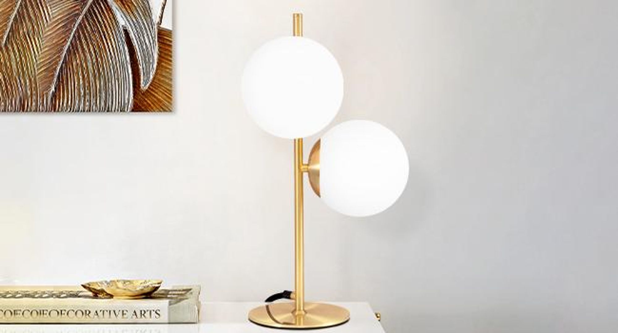 ZMH Lampada comodino Oro 2 luci Lampada da tavolo metallo con interruttore sfera vetro bianco attacco E27 per soggiorno camera camera bambini