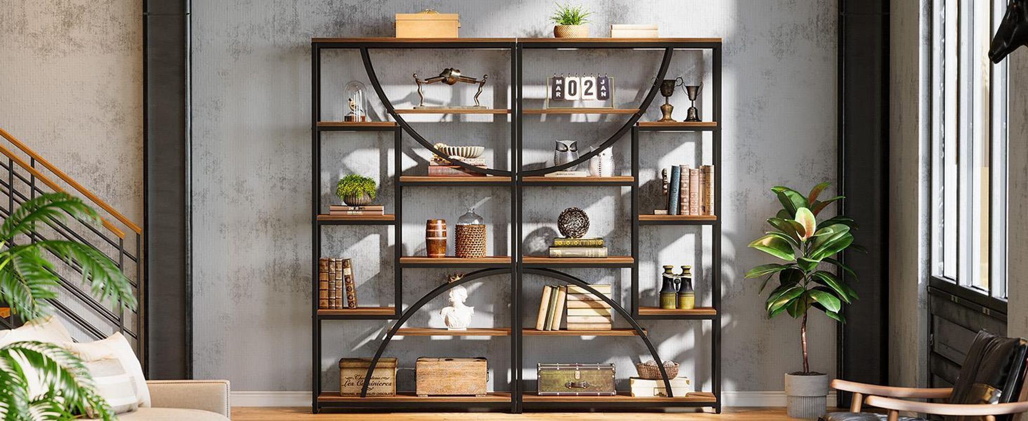 Tribesigns Libreria alta a 8 livelli, 180 cm, libreria vintage con ripiani aperti, robusto scaffale espositivo con struttura in metallo per il soggiorno