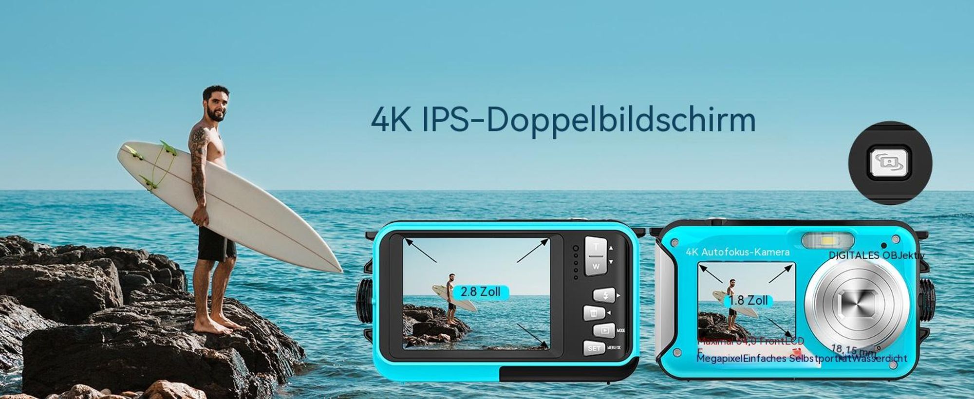 4K 64MP Unterwasserkamera, Wasserdichte Autofokus Digitalkamera (5m/16FT, Dual-Screen Selfie, 32GB Karte, 1250mAh Akku) für Schnorcheln Urlaub