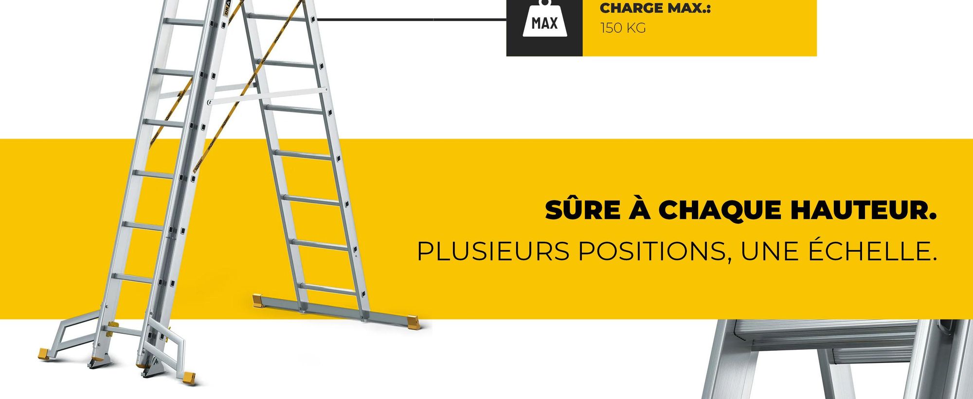 DRABEST | Échelle multifonction en aluminium  PRO MAX 3x11 marches, échelle 3 plans, hauteur de travail 8,34 m, charge maximale 150 kg