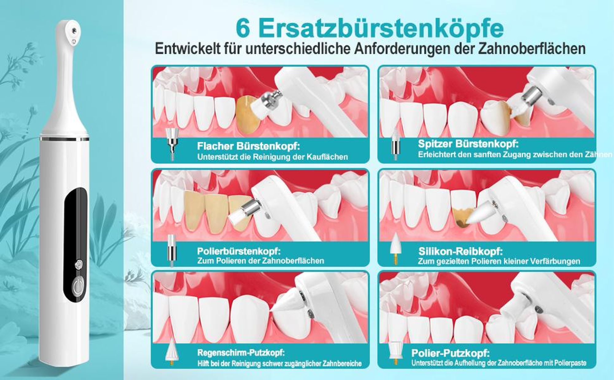 Cool-i® Zahnpolierer Set mit LED & 5 Modi& 6 Köpfen, – Für kosmetische Zahnpflege, sanftes Aufhellen & frischen Atem