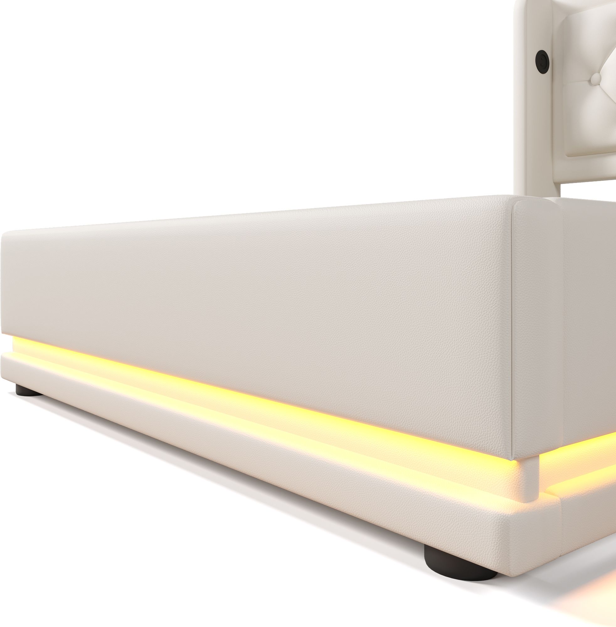 Flieks Polsterbett 90x200cm mit USB & Typ-C, Einzelbett Jugendbett mit LED, Hydraulisches Stauraumbett Boxspringbett mit Lattenrost, Kunstleder, Weiß