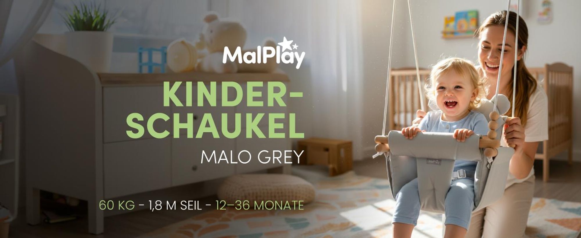Graue Kinderschaukel Babyschaukel aus Baumwolle mit Kissen an Schnüren