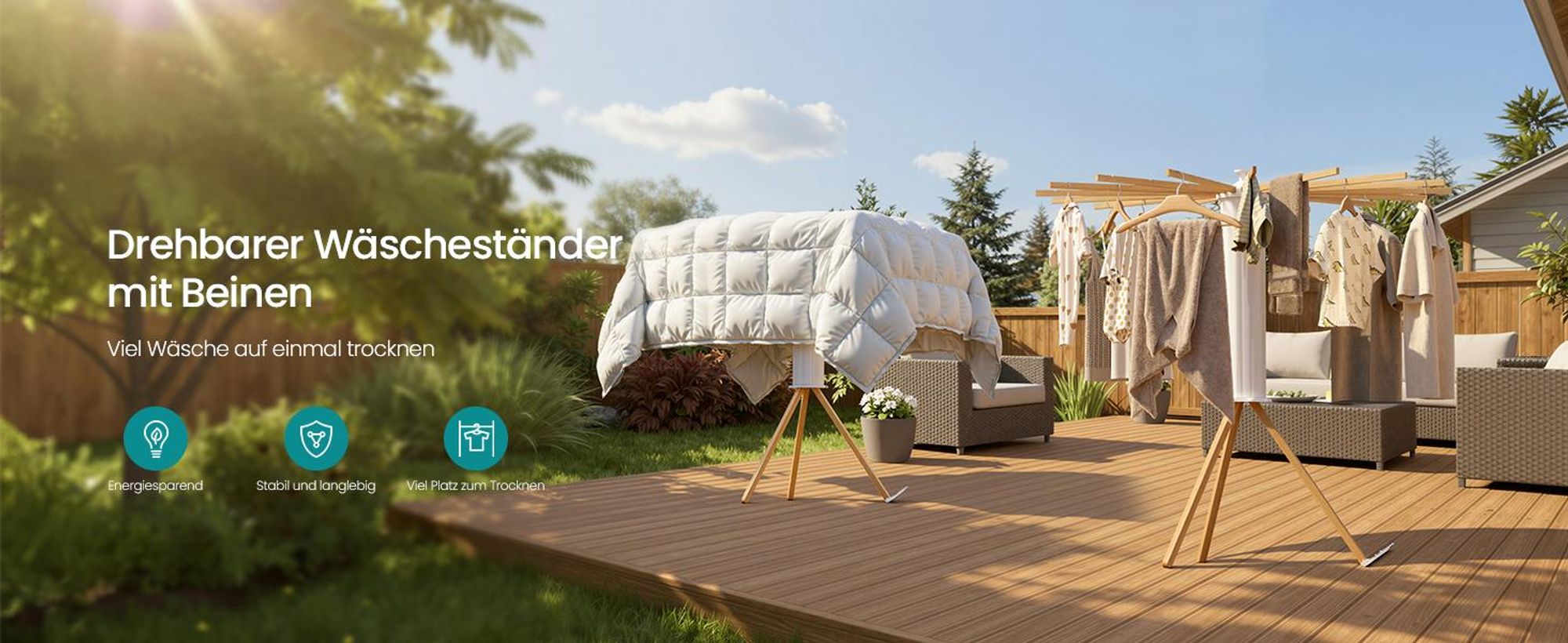 SONGMICS Wäscheständer klappbar, Ständer ausziehbar, platzsparend, drehbar, Balkon Waschküche, Holzarme, naturfarben
